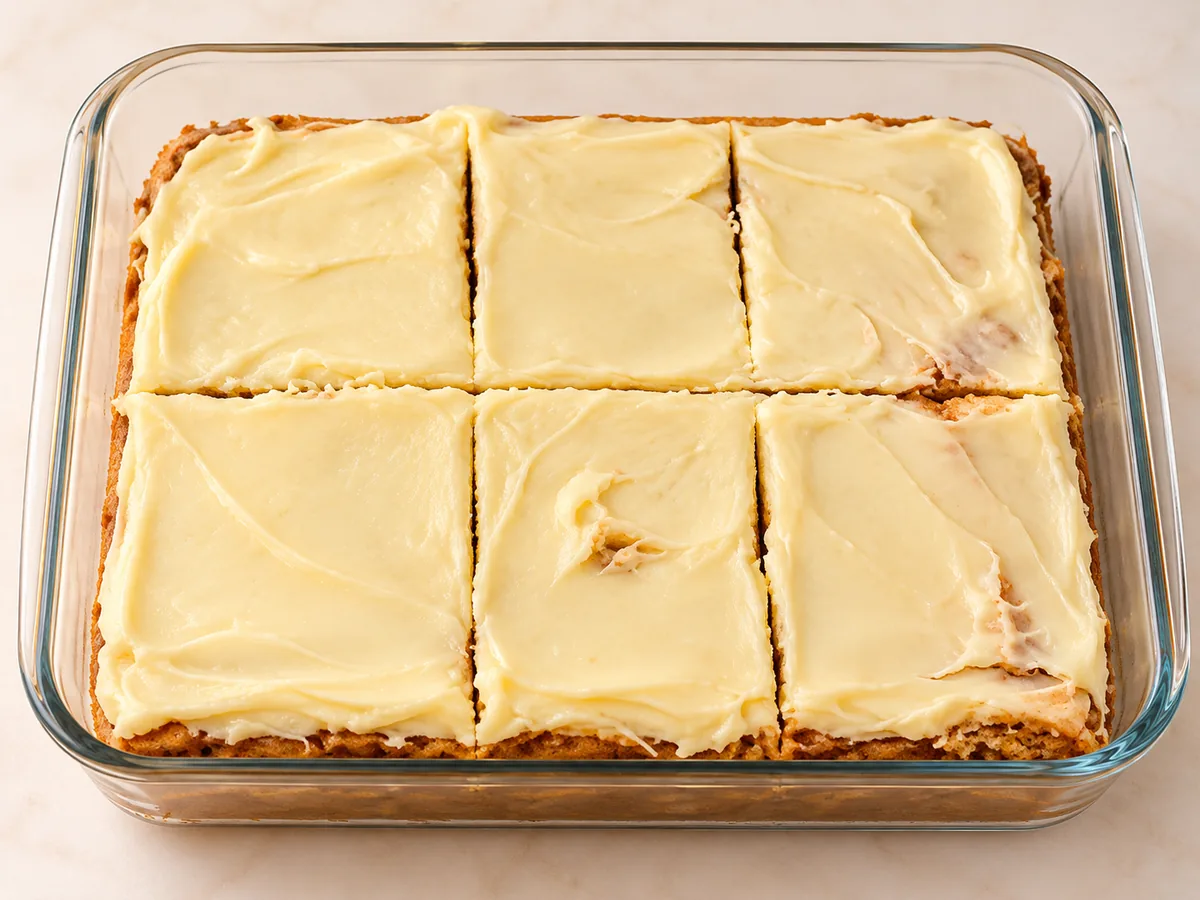 A tray of iced cake squares in a glass dish