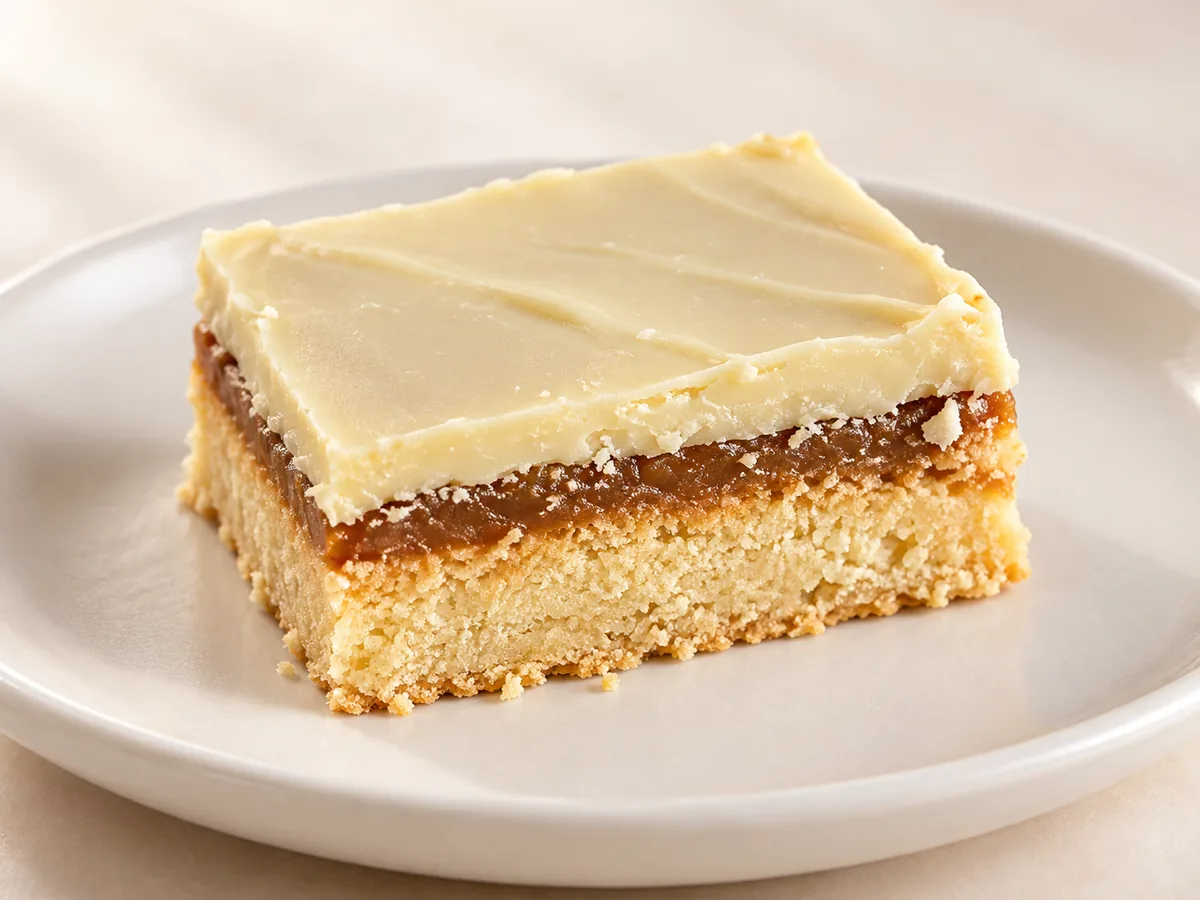A caramel slice with white chocolate topping