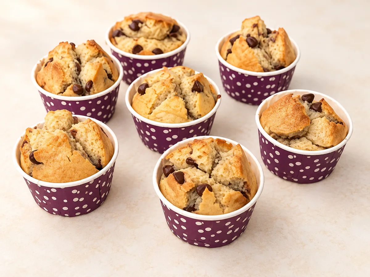 Seven chocolate chip muffins in purple polka dot cases