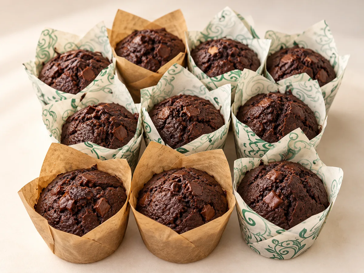 Double chocolate muffins in tulip wrappers