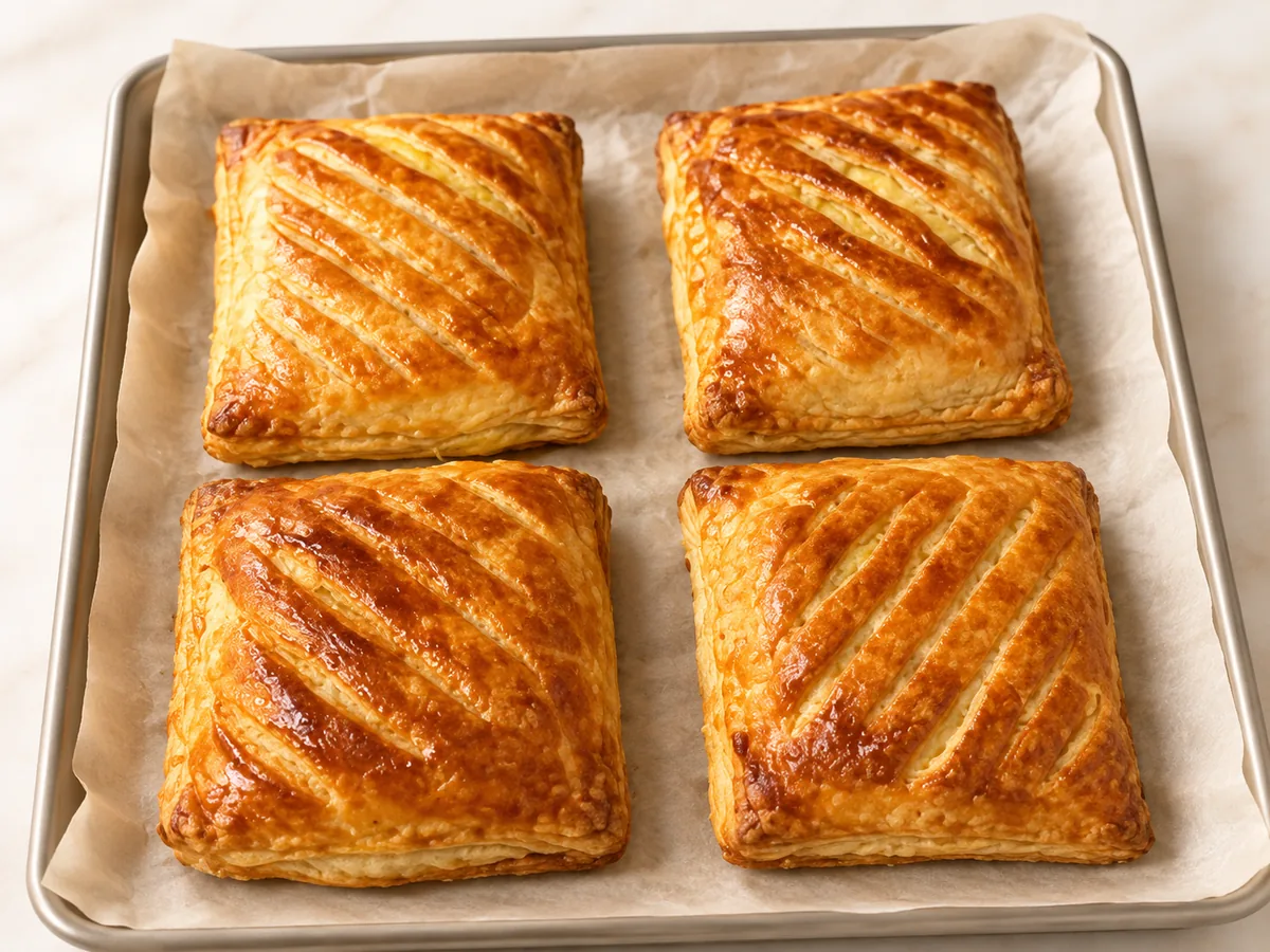 Four golden puff pastry parcels on a baking tray