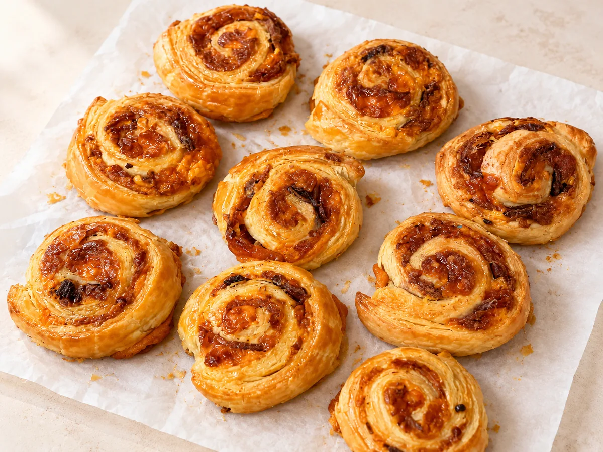 Cheese and onion pastry pinwheels on baking parchment