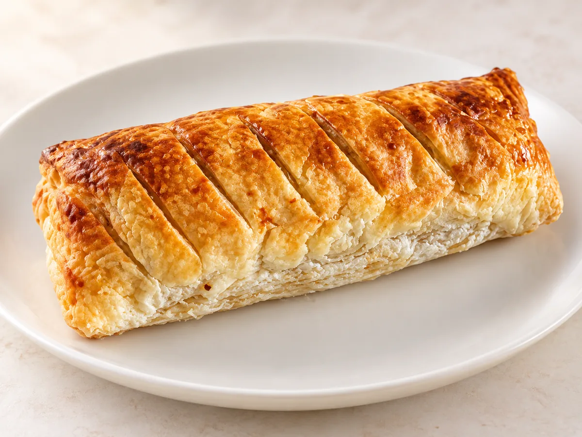 A golden puff pastry sausage roll on a white plate
