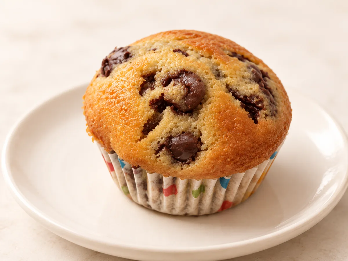 A chocolate chip muffin on a small plate