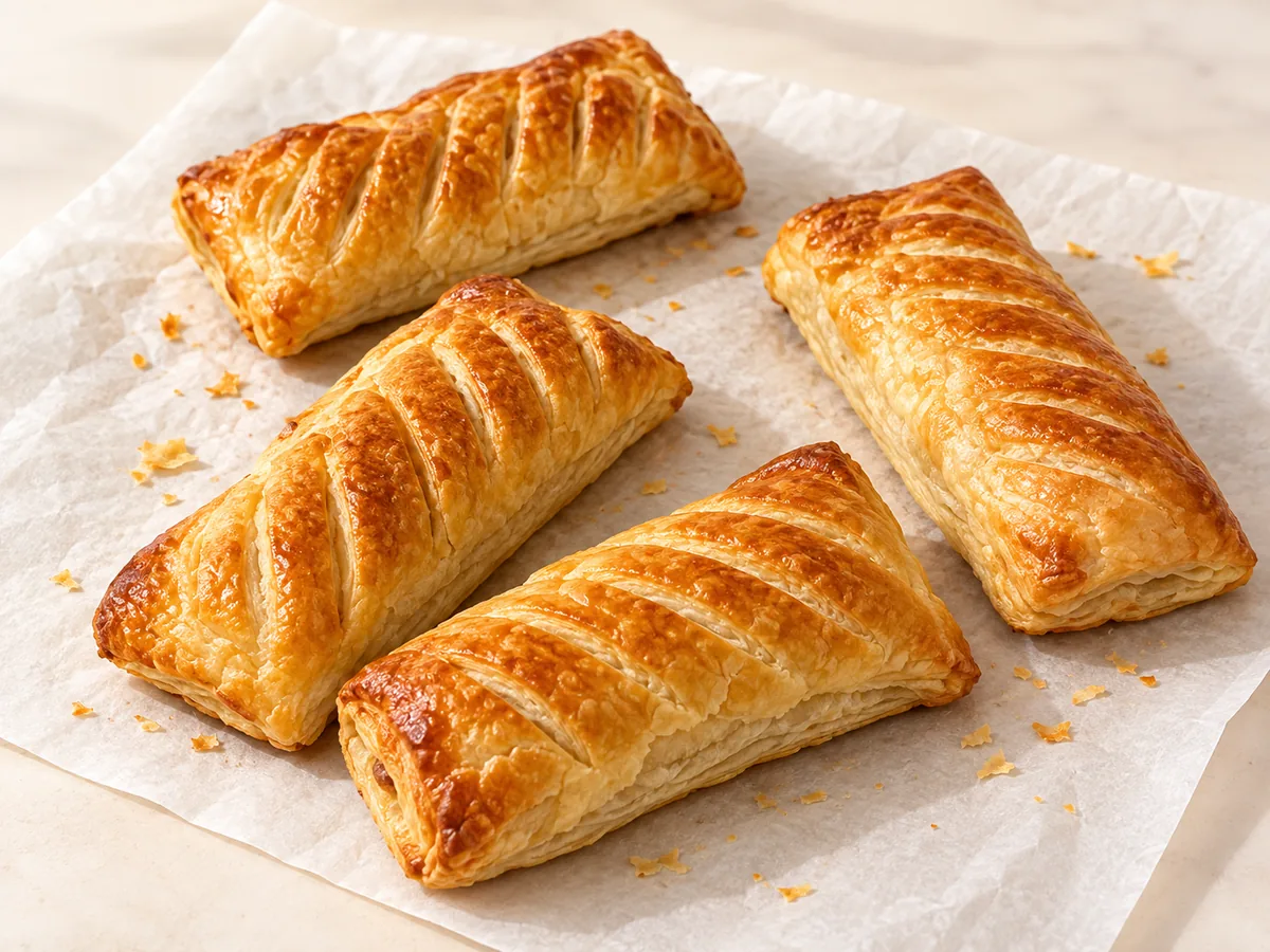 Four golden sausage rolls on baking parchment
