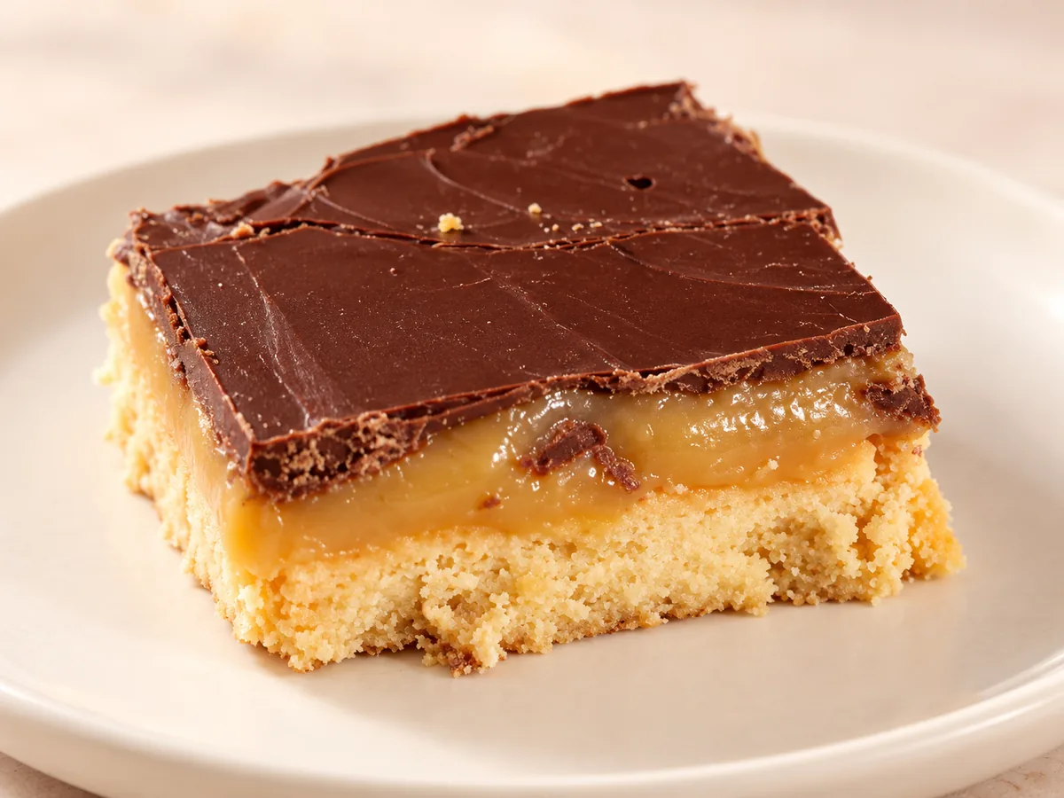A slice of millionaire's shortbread with chocolate topping